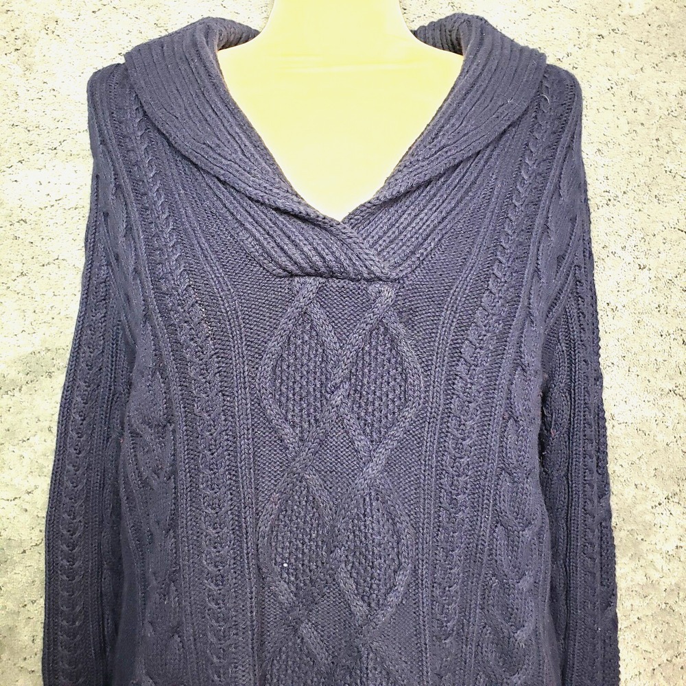 Eddie Bauer Cable Knit Sweater Womens Large Navy Blue Long Sleeve Wool‎ Blend